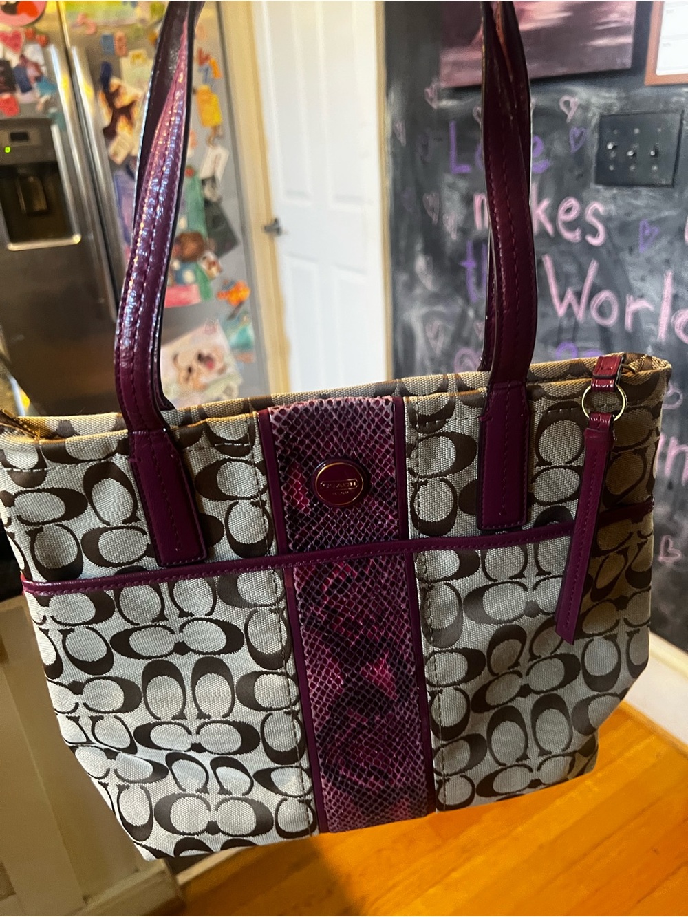 Coach Beige Signature Canvas Tote with Plum Leather Trim